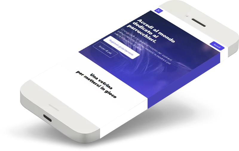 telefono cellulare aperto sulla homepage della webapp OnMyJobs dedicata ai parrucchieri