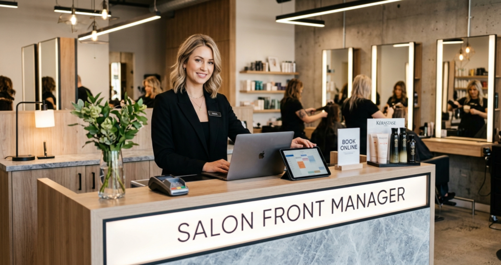 Receptionist salone Salon Front Manager alla reception di un salone di acconciatura moderno