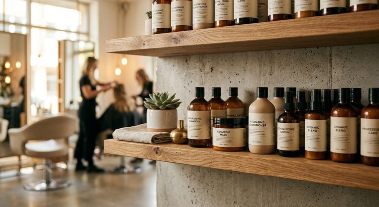 Mensola di un salone con flaconi di shampoo e maschere per capelli con etichetta personalizzata del salone